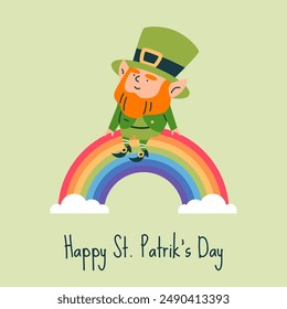 Celebrating St. Patrick's Day. Vector poster with an image of a whimsical leprechaun sitting on a rainbow. Flat flyer in cartoon style with place for text.
