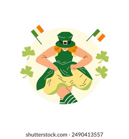 Celebrating St. Patrick's Day. A vector illustration of a woman dressed as a leprechaun dancing joyfully. The sticker is decorated with clover leaves and the Irish flag.