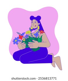 Celebrando a força após mastectomia conceito de ilustração 2D. Mulher hispânica sobrevivente do câncer de mama abraçando personagem de desenho animado de flores isolado no branco. Metáfora abstrata vetor gráfico plano