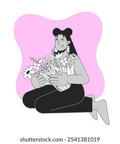 Comemorando a força após mastectomia preto e branco conceito de ilustração 2D. Mulher hispânica sobrevivente do câncer de mama abraçando flores delineiam personagem isolado. Arte vetorial monocromática de metáforas