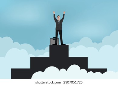 Celebrating success. businessman keeping arms raised and expressing positivity. standing on highest cube