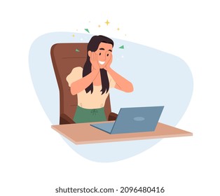 Celebrando el concepto de éxito. Feliz mujer sentada en su escritorio, mirando su laptop y regocijándose por lograr un gol o ganar. Empresario sonriente con confetti. Dibujo vectorial plano de dibujos animados