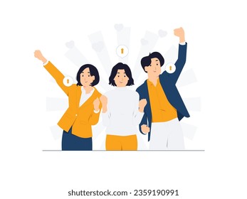 Celebrating success, friendship, teamwork, gesturing, keeping arms raised, expressing positivity, cooperation, winners. Happy business people celebrate successful project concept illustration