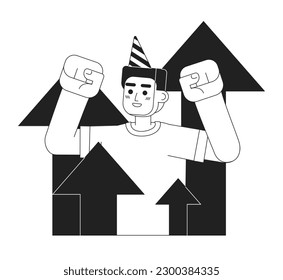 Celebrating success monochrome concept vector spot illustration. Employee recognition 2D flat bw cartoon character for web UI design. Well done. Congrats work isolated editable hand drawn hero image