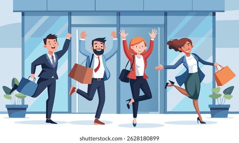Comemorando o sucesso no escritório, uma ilustração de desenho animado mostra quatro empresários com braços levantados, parecendo alegre e comemorativo em frente a um edifício de escritórios moderno. 