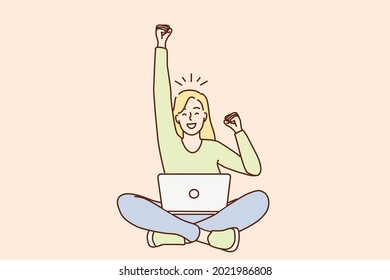 Celebrating success in work, freelance concept. Young smiling woman freelancer cartoon character sitting with laptop on knees with hand up gesturing like winner vector illustration 