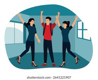 Celebrating successful concept. Three friends express joy in a modern indoor environment, conveying the happiness of success.
