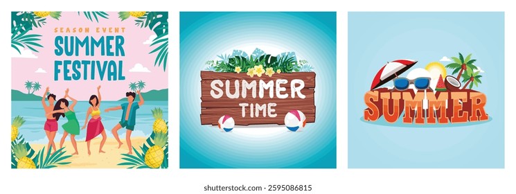 Celebrating summer festival on the beach. Summer text on vintage wood. Cheerful summer vacation. Summer concept. Set flat vector illustration.