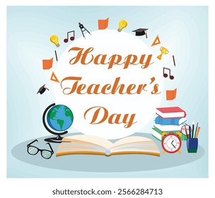 Celebrating Teacher's Day features education, globes, books, pens and a festive atmosphere. The design emphasizes respect and gratitude towards educators. Flat vector modern illustration 