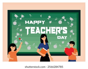 Celebrating Teacher's Day, featuring students gifting their teacher a heart and a rose, in front of a symbolic blackboard. Flat vector modern illustration 