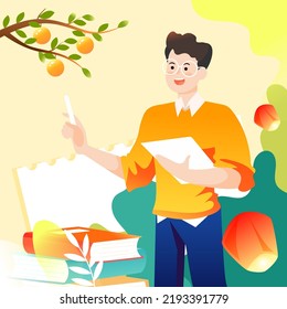 Celebrating teacher's day and mid-autumn festival, students thank teacher with moon and books in background, vector illustration
