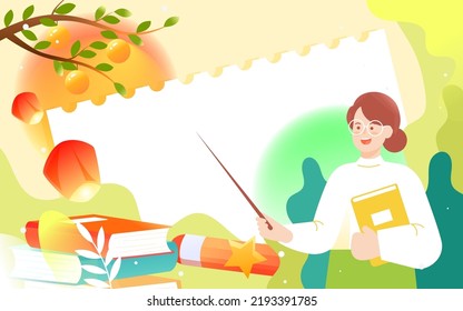 Celebrating teacher's day and mid-autumn festival, students thank teacher with moon and books in background, vector illustration