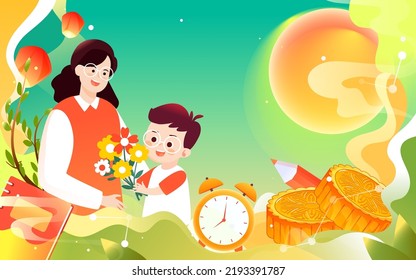 Celebrating teacher's day and mid-autumn festival, students thank teacher with moon and books in background, vector illustration