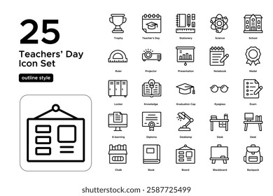 Celebrating Teachers and Education. School Environment, Blackboard, and Knowledge Symbols. Vector Illustration.