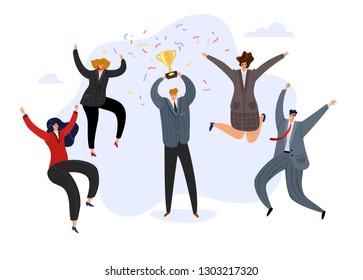 Celebrating team. Businessman holding prize winning trophy cup and happy jumping cheerful team. Business achievement vector concept