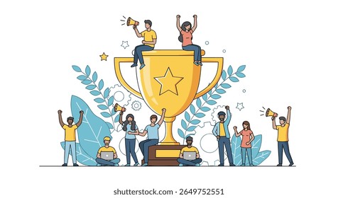 Celebrando o sucesso e a conquista da equipe com um troféu de ouro gigante e pessoas jubilosas