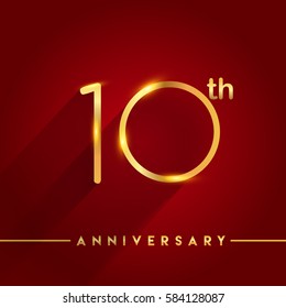 Celebrating of ten years anniversary, logotype golden colored isolated on red background, vector design for greeting card and invitation card