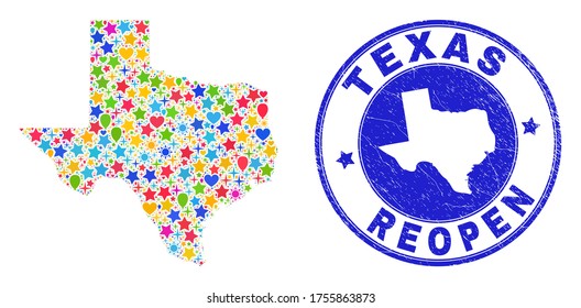 Celebrating Texas State map collage and reopening unclean stamp. Vector mosaic Texas State map is made with randomized stars, hearts, balloons.