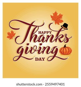 Celebrating Thanksgiving Day featuring festive objects like a pumpkin, falling leaves, and seasonal colors. Flat vector modern illustration  