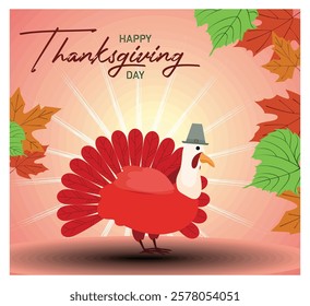 Celebrating Thanksgiving, featuring a turkey in autumnal hues surrounded by bright, colorful leaves, conveying a festive and cheerful holiday atmosphere. Flat vector modern illustration