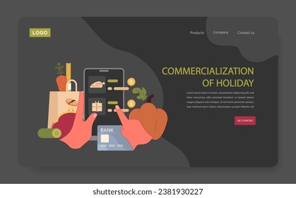 Celebrating Thanksgiving web banner or landing page dark or night mode. American traditional holiday gathering. Purchase goods for national november festive event. Flat vector illustration