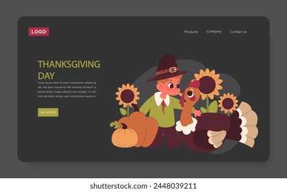 Celebrating Thanksgiving web banner or landing page dark or night mode. American holiday gathering. Happy child, pilgrim with turkey and pumpkin. Flat vector illustration