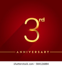 Celebrating of three years anniversary, logotype golden colored isolated on red background, vector design for greeting card and invitation card