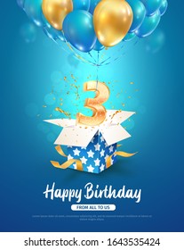 Celebrating three years birthday vector 3d illustration. 3 years anniversary and open gift box with explosions confetti and number flying on balloons on blue background