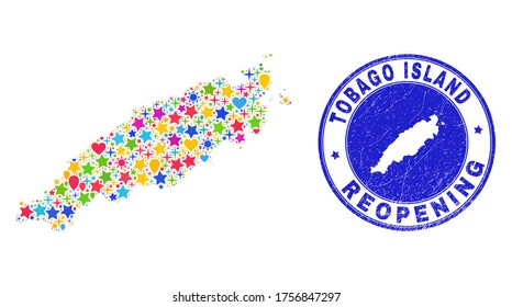 Celebrating Tobago Island map collage and reopening corroded stamp. Vector collage Tobago Island map is done with randomized stars, hearts, balloons.