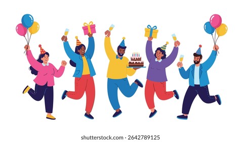 Celebrando juntos a reunião alegre de amigos para o aniversário ou outra ocasião especial
