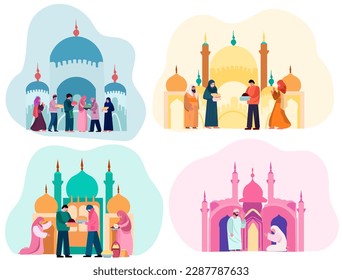 Celebrating Together: A Joyful Muslim Community with Mosque Silhouette Backdrop. Mans and women exchanging presents, extending congratulations to one another. Vector Illustration