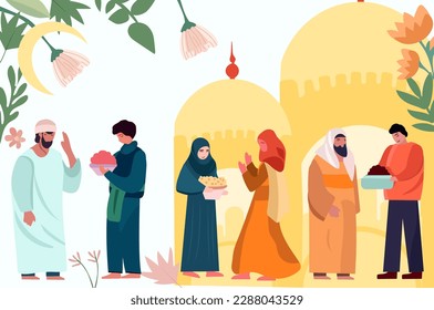 Celebrating Together: A Joyful Muslim Community with Mosque Silhouette Backdrop. Mans and women exchanging presents, extending congratulations to one another. Vector Illustration