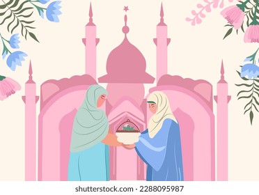 Celebrating Together, A Joyful Muslim Community with Mosque Silhouette Backdrop. A devout Muslims exchanging presents, extending congratulations to one another. Vector Illustration