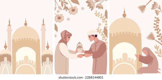 Celebrating Together, A Joyful Muslim Community with Mosque Silhouette Backdrop. Mans and women exchanging presents, extending congratulations to one another. Vector Illustration