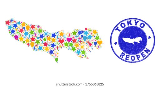 Celebrating Tokyo Prefecture map collage and reopening corroded stamp seal. Vector collage Tokyo Prefecture map is organized with scattered stars, hearts, balloons.