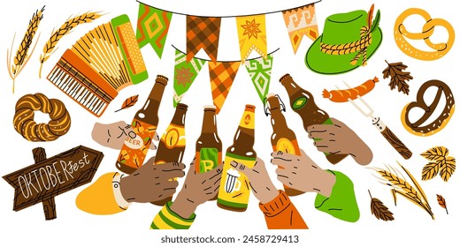 Celebrando la tradicional fiesta alemana Oktoberfest. Día internacional de la cerveza. Fiesta divertida con amigos. Ilustración vectorial aislada sobre fondo transparente.