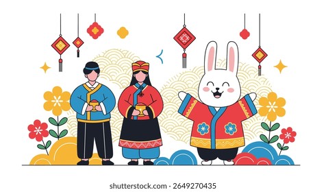 Celebrating Traditional Lunar New Year Festivities with a Joyful Rabbit Companion and Cultural Attire
