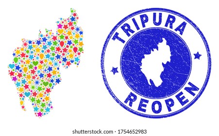 Celebrating Tripura State map mosaic and reopening grunge stamp seal. Vector mosaic Tripura State map is created of randomized stars, hearts, balloons.