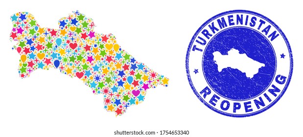 Celebrating Turkmenistan map mosaic and reopening grunge watermark. Vector mosaic Turkmenistan map is made from random stars, hearts, balloons. Rounded wry blue watermark with grunge rubber texture.