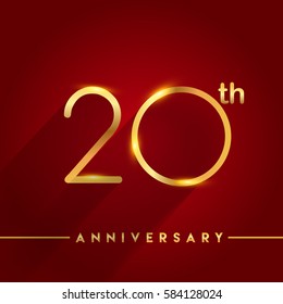 Celebrating of twenty years anniversary, logotype golden colored isolated on red background, vector design for greeting card and invitation card