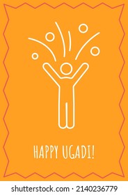 Celebrating ugadi postcard with linear glyph icon. Happy holiday. Greeting card with decorative vector design. Simple style poster with creative lineart illustration. Flyer with holiday wish
