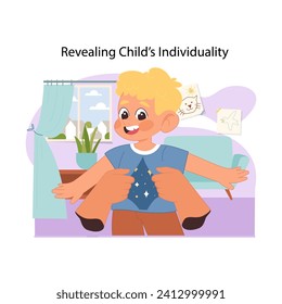 Celebrating uniqueness concept. Boy joyful expression showcases personal style and character. Helping child discover individuality. Embrace of self and vibrant personality. Flat vector illustration