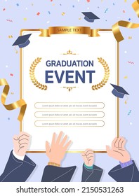 celebrating university graduation. Flat cartoon vector illustration.
