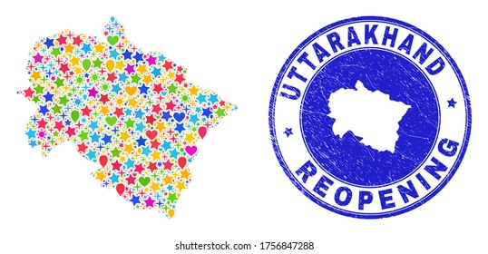 Celebración del mosaico del mapa del estado de Uttarakhand y reapertura del sello de goma. El mapa del estado de Uttarakhand con mosaico vectorial está organizado con estrellas, corazones, globos dispersos.