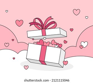 Celebrating Valentine's Day, a box full of love and care illustration set. fly, cloud, sky, heart, event, pink. Vector drawing. Hand drawn style.