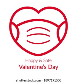 Celebrating Valentine's Day happily and safely during the coronavirus pandemic. Heart in mask. The concept of safe love during covid 19. Vector illustration love banner, icon.