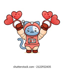 celebrating valentine's day, illustration of a cute cat wearing a spacesuit, cartoon in kawaii style, illustration of a heart with outlines, kitten holding two rings with heart gems