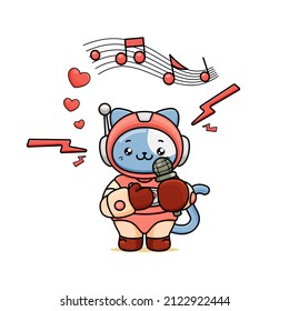 celebrating valentine's day, illustration of cute cat wearing a spacesuit, cartoon in kawaii style, heart illustration with outlines, kitten holding microphone and singing, with musical notes