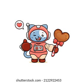 celebrating valentine's day, illustration of cute cat wearing a spacesuit, cartoon in kawaii style, heart illustration with an outline, kitten holding a stick of chocolate candy in the shape of heart