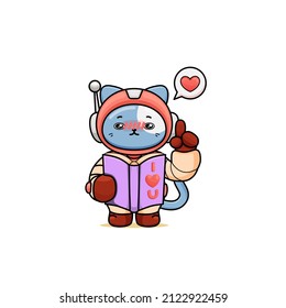 celebrating valentine's day, illustration of a cute cat wearing a spacesuit, cartoon in kawaii style, illustration of a heart with outlines, kitten holding a book and reading it, pointing finger